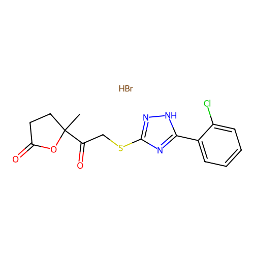 5-(2-((5-(2-chlorophenyl)-4H-1,2,4-triazol-3-yl)thio)acetyl)-5-methyldihydrofuran-2(3H)-one hydrobromide structure