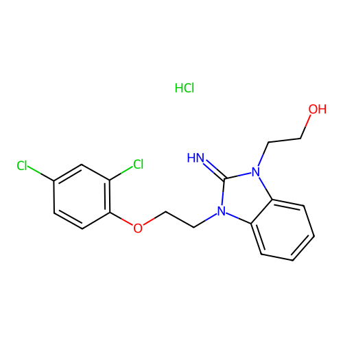 2-(3-(2-(2,4-dichlorophenoxy)ethyl)-2-imino-2,3-dihydro-1H-benzo[d]imidazol-1-yl)ethanol hydrochloride structure