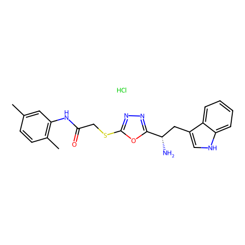 (S)-2-((5-(1-amino-2-(1H-indol-3-yl)ethyl)-1,3,4-oxadiazol-2-yl)thio)-N-(2,5-dimethylphenyl)acetamide hydrochloride structure