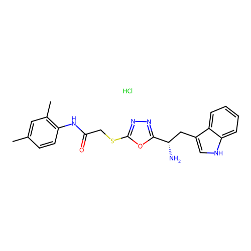 (S)-2-((5-(1-amino-2-(1H-indol-3-yl)ethyl)-1,3,4-oxadiazol-2-yl)thio)-N-(2,4-dimethylphenyl)acetamide hydrochloride structure
