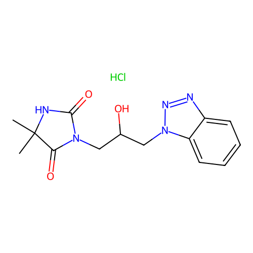 3-(3-(1H-benzo[d][1,2,3]triazol-1-yl)-2-hydroxypropyl)-5,5-dimethylimidazolidine-2,4-dione hydrochloride structure
