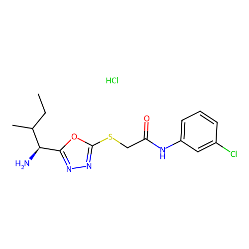 2-((5-((1S,2R)-1-amino-2-methylbutyl)-1,3,4-oxadiazol-2-yl)thio)-N-(3-chlorophenyl)acetamide hydrochloride structure