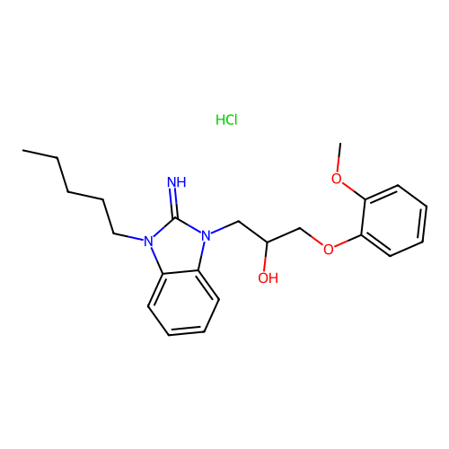 1-(2-imino-3-pentyl-2,3-dihydro-1H-benzo[d]imidazol-1-yl)-3-(2-methoxyphenoxy)propan-2-ol hydrochloride structure