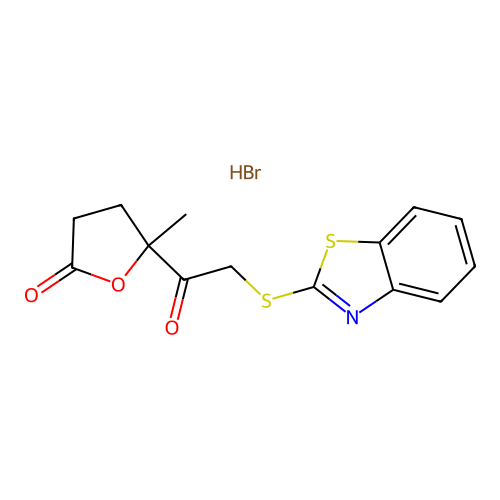 5-(2-(benzo[d]thiazol-2-ylthio)acetyl)-5-methyldihydrofuran-2(3H)-one hydrobromide structure