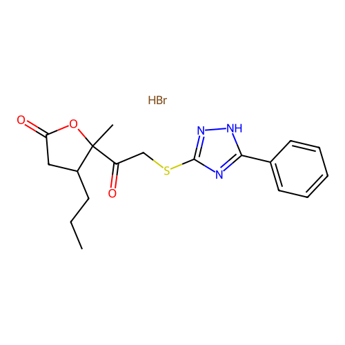 5-methyl-5-(2-((5-phenyl-4H-1,2,4-triazol-3-yl)thio)acetyl)-4-propyldihydrofuran-2(3H)-one hydrobromide structure