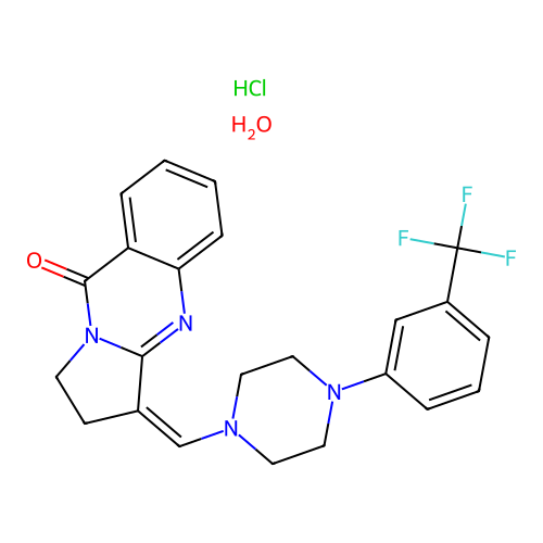 (Z)-3-((4-(3-(trifluoromethyl)phenyl)piperazin-1-yl)methylene)-2,3-dihydropyrrolo[2,1-b]quinazolin-9(1H)-one hydrochloride hydrate structure