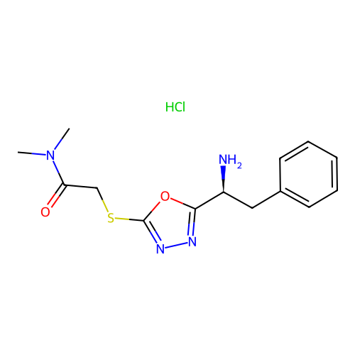 (S)-2-((5-(1-amino-2-phenylethyl)-1,3,4-oxadiazol-2-yl)thio)-N,N-dimethylacetamide hydrochloride structure