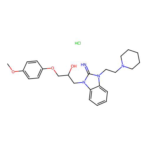 1-(2-imino-3-(2-(piperidin-1-yl)ethyl)-2,3-dihydro-1H-benzo[d]imidazol-1-yl)-3-(4-methoxyphenoxy)propan-2-ol hydrochloride structure
