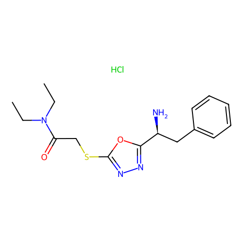 (S)-2-((5-(1-amino-2-phenylethyl)-1,3,4-oxadiazol-2-yl)thio)-N,N-diethylacetamide hydrochloride structure