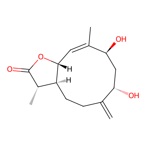 1alpha,3beta-Dihydroxy-7alpha,11betaH-germacra-4Z,10(14)-dien-12,6alpha-olide structure