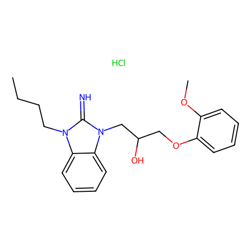 1-(3-butyl-2-imino-2,3-dihydro-1H-benzo[d]imidazol-1-yl)-3-(2-methoxyphenoxy)propan-2-ol hydrochloride structure