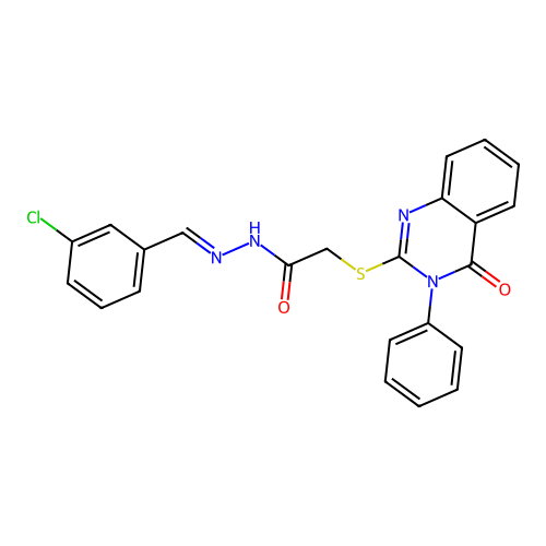 N-[(3-chlorophenyl)methylideneamino]-2-(4-oxo-3-phenyl-quinazolin-2-yl)sulfanyl-acetamide structure
