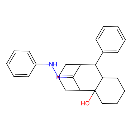 (E)-10-phenyl-11-(2-phenylhydrazono)dodecahydro-5,9-methanobenzo[8]annulen-4a-ol structure