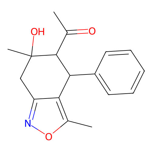 1-(6-hydroxy-3,6-dimethyl-4-phenyl-5,7-dihydro-4H-2,1-benzoxazol-5-yl)ethanone structure
