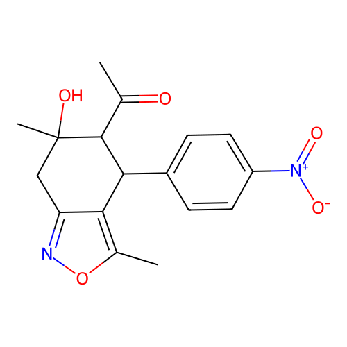 1-[6-hydroxy-3,6-dimethyl-4-(4-nitrophenyl)-5,7-dihydro-4H-2,1-benzoxazol-5-yl]ethanone structure