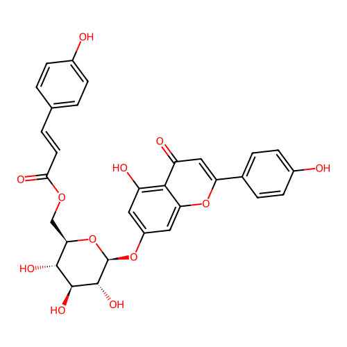 Apigenin-7-O-(6''-O-4-coumaroyl)-beta-glucopyranoside structure