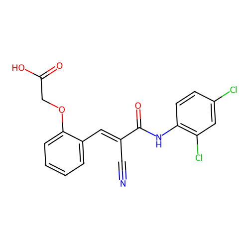 2-[2-[(E)-2-cyano-3-(2,4-dichloroanilino)-3-oxoprop-1-enyl]phenoxy]acetic acid structure