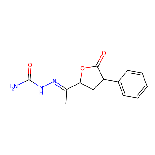 (2E)-2-[1-(5-oxo-4-phenyltetrahydrofuran-2-yl)ethylidene]hydrazinecarboxamide structure