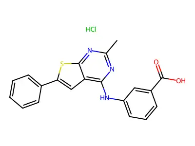 3-({2-methyl-6-phenylthieno[2,3-d]pyrimidin-4-yl}amino)benzoic acid hydrochloride structure