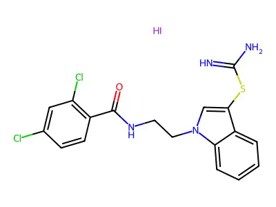 1-(2-(2,4-dichlorobenzamido)ethyl)-1H-indol-3-yl carbamimidothioate hydroiodide structure