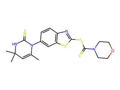[6-(4,6,6-trimethyl-2-sulfanylidene-1H-pyrimidin-3-yl)-1,3-benzothiazol-2-yl] morpholine-4-carbodithioate structure