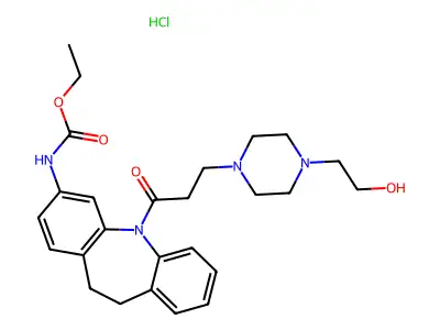 Carbamic acid, (10,11-dihydro-5-(3-(4-(2-hydroxyethyl)-1-piperazinyl)-1-oxopropyl)-5H-dibenz(b,f)azepin-3-yl)-, ethyl ester, monohydrochloride structure