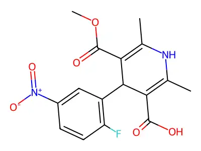 3,5-Pyridinedicarboxylic acid, 1,4-dihydro-2,6-dimethyl-4-(2-fluoro-5-nitrophenyl)-, monomethyl ester structure