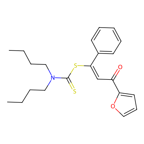 Carbamodithioic acid, dibutyl-, 3-(2-furanyl)-3-oxo-1-phenyl-1-propenyl ester structure