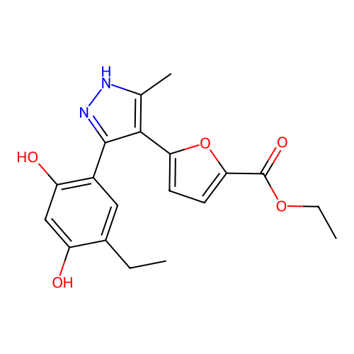 ethyl 5-[(3Z)-3-(3-ethyl-4-hydroxy-6-oxocyclohexa-2,4-dien-1-ylidene)-5-methyl-1,2-dihydropyrazol-4-yl]furan-2-carboxylate structure