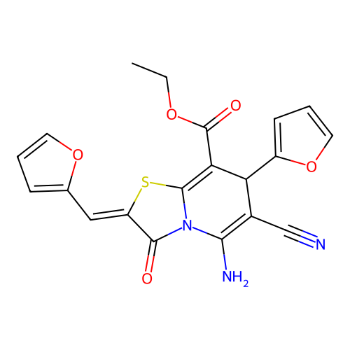 (Z)-ethyl 5-amino-6-cyano-7-(furan-2-yl)-2-(furan-2-ylmethylene)-3-oxo-3,7-dihydro-2H-thiazolo[3,2-a]pyridine-8-carboxylate structure