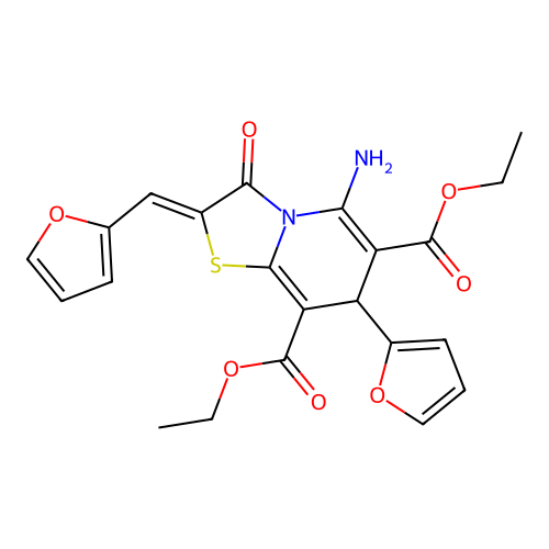 (Z)-diethyl 5-amino-7-(furan-2-yl)-2-(furan-2-ylmethylene)-3-oxo-3,7-dihydro-2H-thiazolo[3,2-a]pyridine-6,8-dicarboxylate structure
