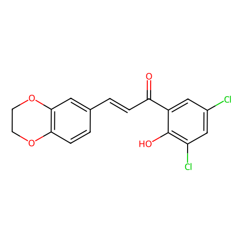 (2E)-1-(3,5-dichloro-2-hydroxyphenyl)-3-(2,3-dihydro-1,4-benzodioxin-6-yl)prop-2-en-1-one structure