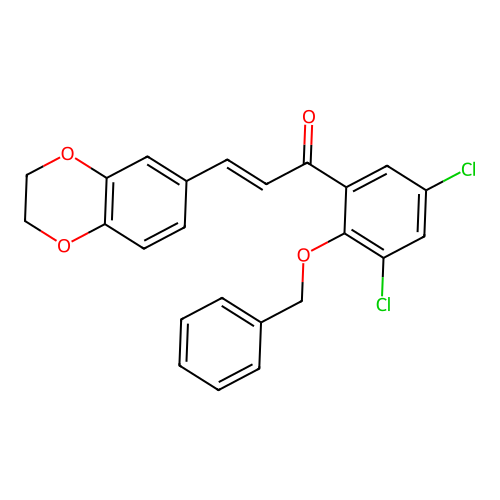 (2E)-1-[2-(benzyloxy)-3,5-dichlorophenyl]-3-(2,3-dihydro-1,4-benzodioxin-6-yl)prop-2-en-1-one structure