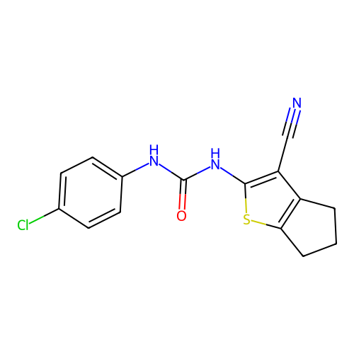 1-(4-chlorophenyl)-3-(3-cyano-5,6-dihydro-4H-cyclopenta[b]thiophen-2-yl)urea structure