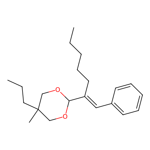 5-methyl-2-[(E)-1-phenylhept-1-en-2-yl]-5-propyl-1,3-dioxane structure
