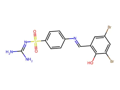 ({4-[(1E)-2-(3,5-dibromo-2-hydroxyphenyl)-1-azavinyl]phenyl}sulfonyl)aminocarb oxamidine structure
