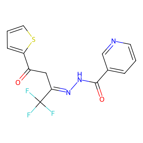 N-[(E)-(1,1,1-trifluoro-4-oxo-4-thiophen-2-ylbutan-2-ylidene)amino]pyridine-3-carboxamide structure