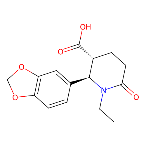 (2R,3R)-2-(1,3-benzodioxol-5-yl)-1-ethyl-6-oxopiperidine-3-carboxylic acid structure