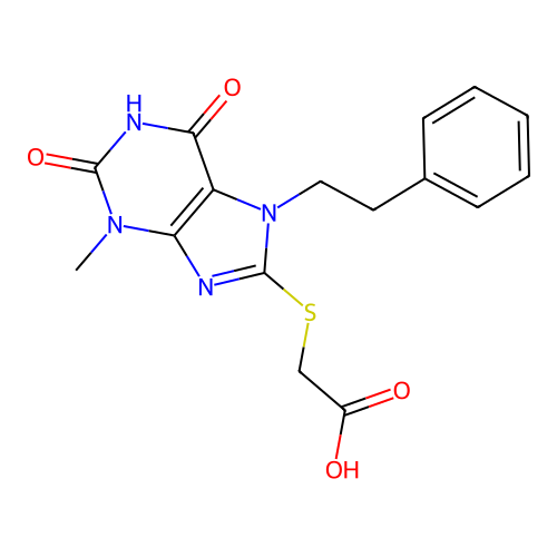 2-(3-methyl-2,6-dioxo-7-phenethylpurin-8-yl)sulfanylacetic acid structure