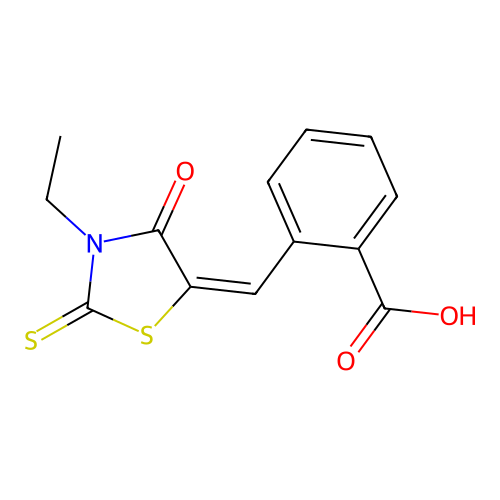 2-[(E)-(3-ethyl-4-oxo-2-thioxo-1,3-thiazolidin-5-ylidene)methyl]benzoic acid structure