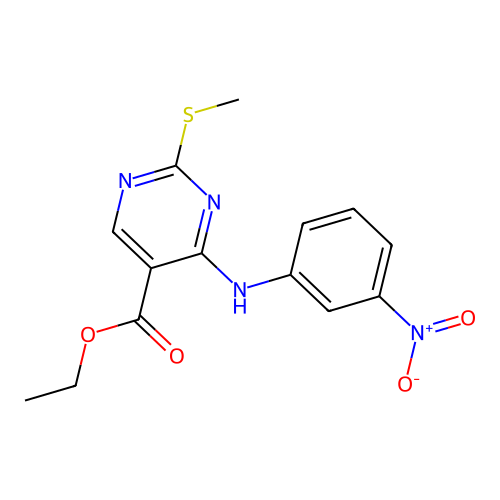 Ethyl 2-(methylthio)-4-((3-nitrophenyl)amino)pyrimidine-5-carboxylate structure