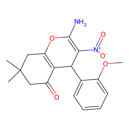 2-amino-3-nitro-4-(2-methoxyphenyl)-7,7-dimethyl-4,6,7,8-tetrahydro-5H-chromen-5-one structure