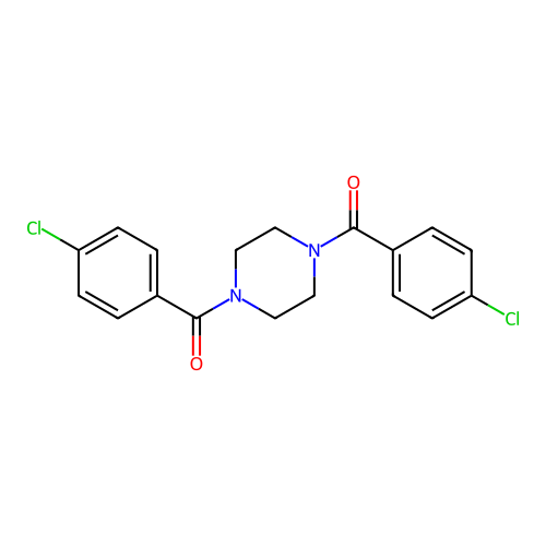 Piperazine-1,4-diylbis((4-chlorophenyl)methanone) structure