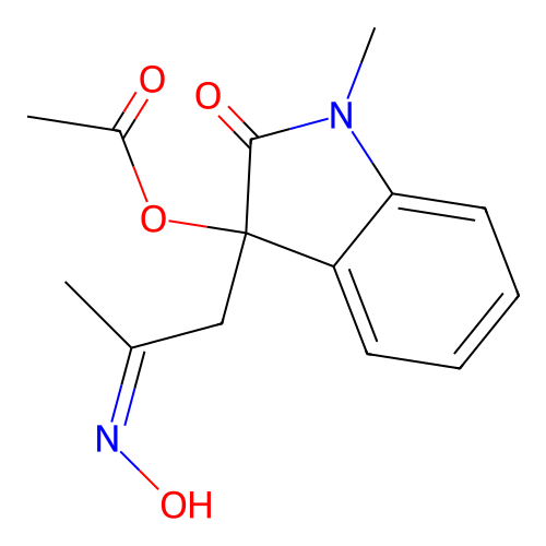 2-Indolinone, 3-acetonyl-3-hydroxy-1-methyl-, acetate (ester), 3-oxime structure