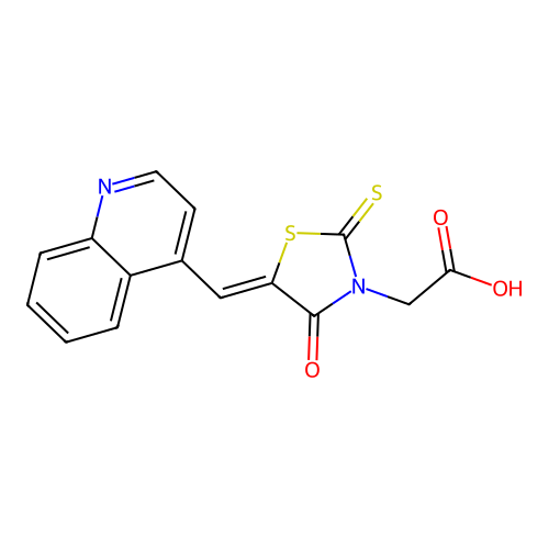 (Z)-2-(4-oxo-5-(quinolin-4-ylmethylene)-2-thioxothiazolidin-3-yl)acetic acid structure