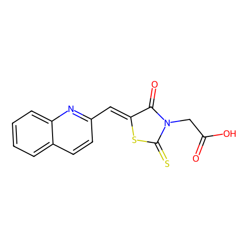 2-[4-Oxo-5-(2-quinolylmethylene)-2-thioxo-1,3-thiazolidin-3-yl]acetic acid structure