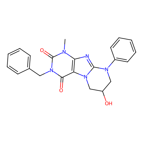 3-benzyl-7-hydroxy-1-methyl-9-phenyl-6,7,8,9-tetrahydropyrimido[2,1-f]purine-2,4(1H,3H)-dione structure