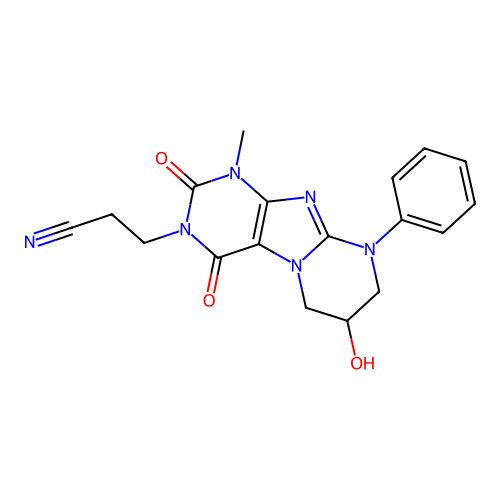 3-(7-hydroxy-1-methyl-2,4-dioxo-9-phenyl-1,2,6,7,8,9-hexahydropyrimido[2,1-f]purin-3(4H)-yl)propanenitrile structure