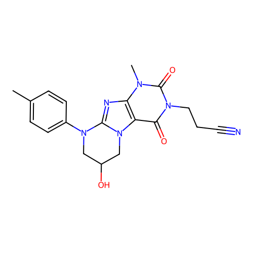 3-(7-hydroxy-1-methyl-2,4-dioxo-9-(p-tolyl)-1,2,6,7,8,9-hexahydropyrimido[2,1-f]purin-3(4H)-yl)propanenitrile structure