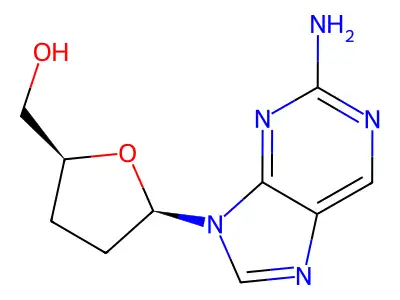 2-Amino-9-(beta-D-2,3-dideoxyribofuranosyl)purine structure